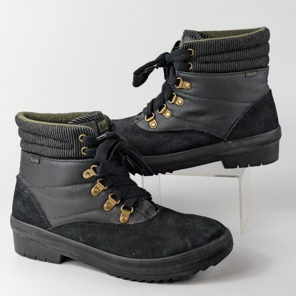 Keds Womens Size 8 Camp Boots Black Suede & Splash Twill Thinsulate Insulated